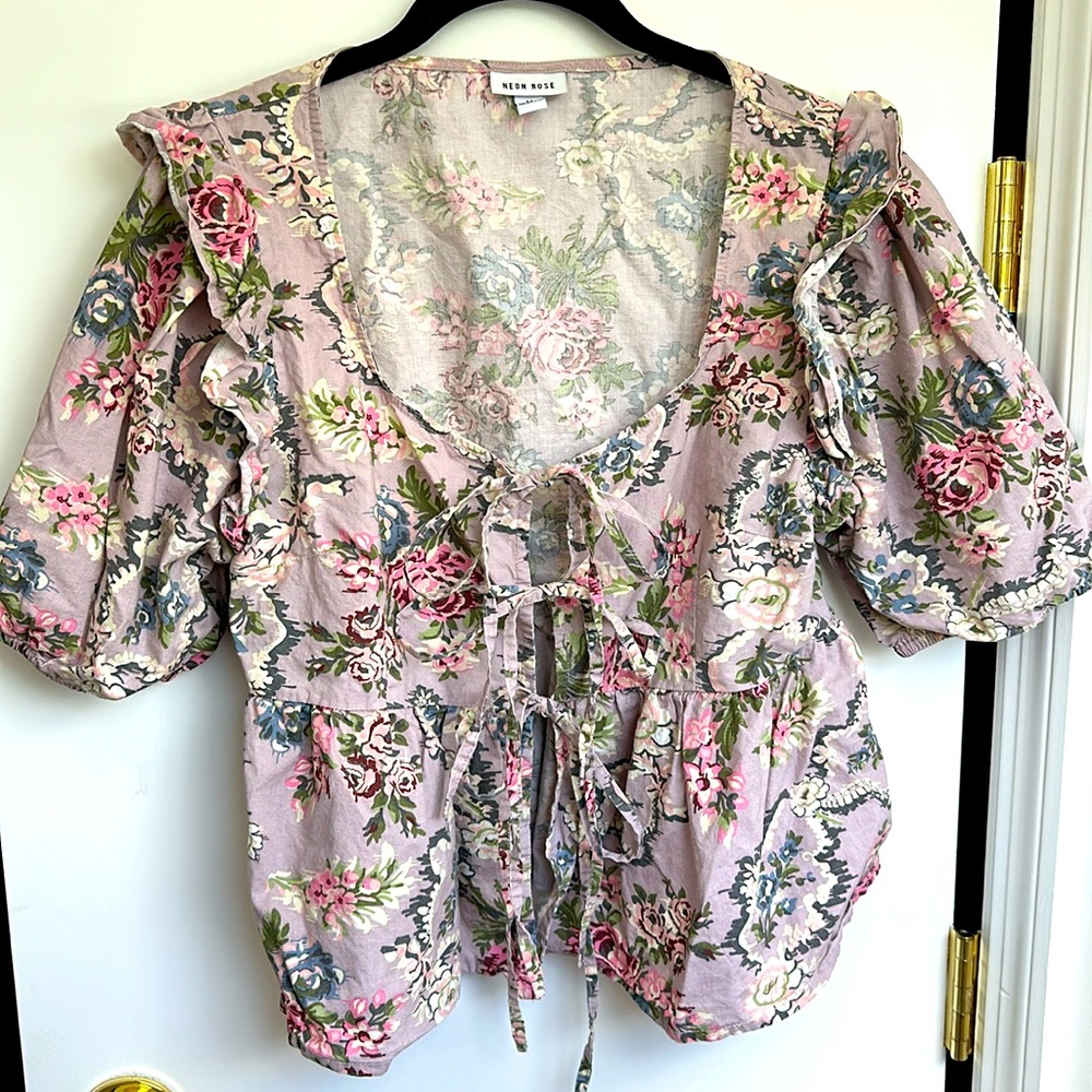 Neon Rose Floral Tie Front Top